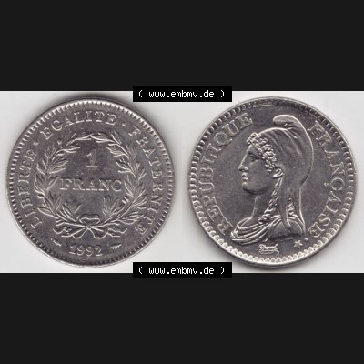 Münze Frankreich 1992-1992, 1 Francs Liberty Freiheitsgöttin. Vorderseite und Rückseite horizontal auf einen digitalen Bild der alten französischen Umlaufmünze aus... Sammlung