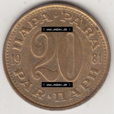 Münzen Jugoslawien Umlaufmünze 1965-1981, 20 Para 1981, Bild mit Rückseite der Münze zum Download Sammlung