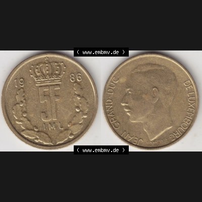 Münzen Luxemburg Umlaufmünze 1986-1988, 5 F, Francs, Franken 1986, Bild mit Vollansicht Sammlung