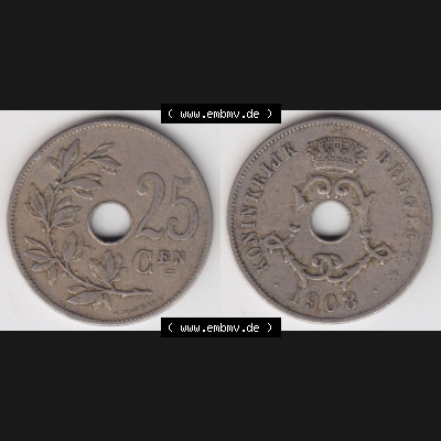 Münzen Belgien Umlaufmünze 1908-1909, 25 Cen, Centimes Koninkrijk Belgie. Vorderseite und Rückseite horizontal auf einen digitalen Bild der alten belgischen Francs Umlaufmünze... Sammlung