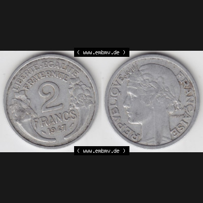 Münze Frankreich 1941-1959, 2 Francs, Franken 1947. Vorderseite und Rückseite horizontal auf einen digitalen Bild der alten französischen Umlaufmünze aus Frankreich... Sammlung