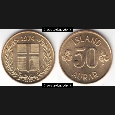 Münzen Island Umlaufmünze 1969-1974, 50 Aurar 1974. Vorderseite und Rückseite horizontal auf einen digitalen Bild der alten Isländischen Umlaufmünze aus Island in... Sammlung