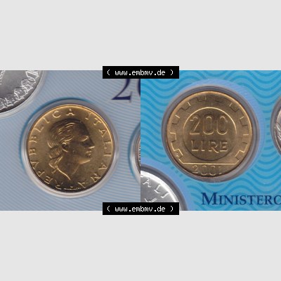 Münzen Italien Umlaufmünze 1977-2001, 200 Lire, Zahnrad 2001, Bild mit Vollansicht zum Download Sammlung