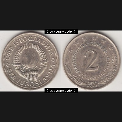 Münzen Jugoslawien Umlaufmünze 1971-1981, 2 Dinar 1981, Bild mit Vollansicht als Bildmaterial Sammlung