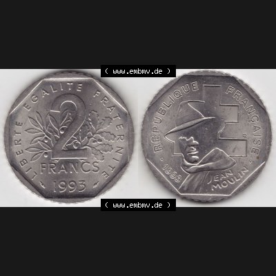 Münze Frankreich 1993-1993, 2 Francs Jean Moulin. Vorderseite und Rückseite horizontal auf einen digitalen Bild der alten französischen Umlaufmünze aus Frankreich in der... Sammlung