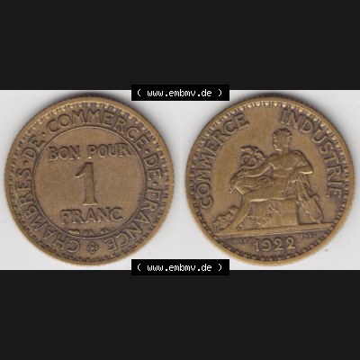 Münze Frankreich 1920-1927, 1 Francs, Franken 1922. Vorderseite und Rückseite horizontal auf einen digitalen Bild der alten französischen Umlaufmünze aus Frankreich... Sammlung