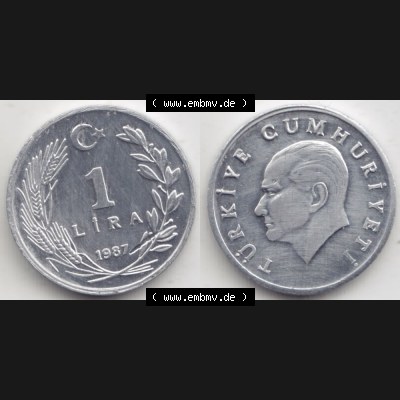 Münzen Türkei Umlaufmünze 1985-1989, 1 Lira - Lire 1987. Vorderseite und Rückseite der Münze der Türkei auf einen Digitalen Bild, als Bildmaterial für... Sammlung