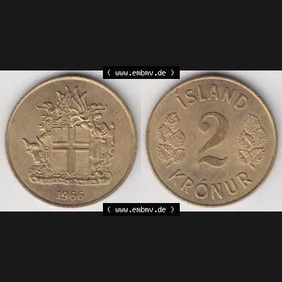 Münzen Island Umlaufmünze 1958-1966, 2 KR Kronur, Kronen 1966. Vorderseite und Rückseite horizontal auf einen digitalen Bild der alten Isländischen Umlaufmünze... Sammlung