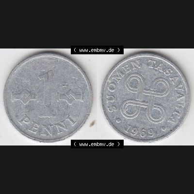 Münzen Finnland Umlaufmünze 1969-1979, 1 Penni, 1969. Vorderseite und Rückseite horizontal auf einen digitalen Bild der alten finnischen Umlaufmünze aus Finnland... Sammlung