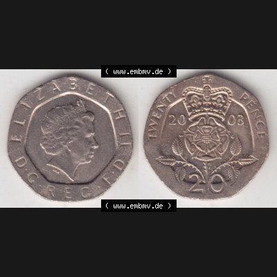 Münzen Großbritannien Umlaufmünze 1998-2008, 20 Pence 2003. Vorderseite und Rückseite horizontal auf einen digitalen Bild der alten britischen Münze aus Großbritannien... Sammlung