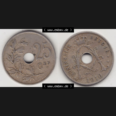 Münzen Belgien Umlaufmünze 1910-1929, 25 Cen, 1910 Centimes Koninkrijk Belgie. Vorderseite und Rückseite horizontal auf einen digitalen Bild der alten belgischen Francs... Sammlung