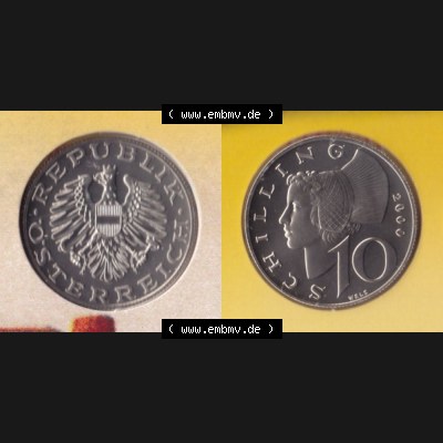 Münzen Österreich Umlaufmünze 1974-2001, 10 Schilling 2000, Münze aus Österreich mit Münzseiten Horizontal / Nebeneinander auf einen Bild für Mobile-Geräte... Sammlung