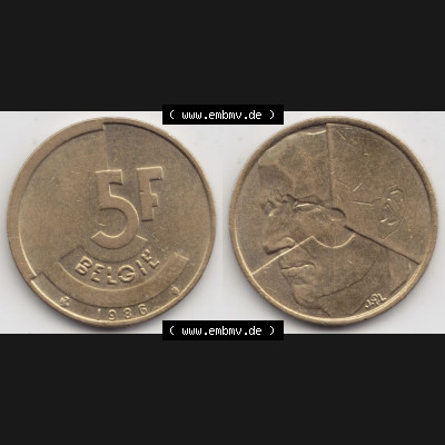 Münzen Belgien Umlaufmünze 1986-1993, 5 Francs 1986 Belgie. Vorderseite und Rückseite horizontal auf einen digitalen Bild der alten belgischen Francs Umlaufmünze aus Belgien... Sammlung