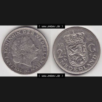 Münzen Niederlande Umlaufmünze 1969-1980, 2.50 Gulden 1980, Bild mit horizontaler Vollansicht als Bildmaterial Sammlung