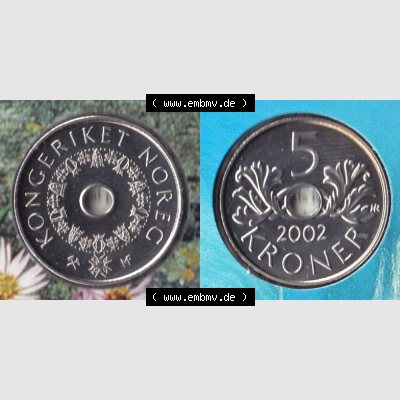 Münzen Norwegen Umlaufmünze 1998-2017, 5 Kroner, Kronen 2002, Münze aus Norwegen mit Münzseiten Horizontal / Nebeneinander auf einen Bild für Mobile-Geräte... Sammlung