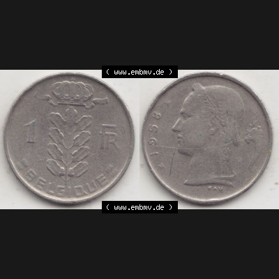Münzen Belgien Umlaufmünze 1950-1988, 1 Francs-Franken 1958 Belgique. Vorderseite und Rückseite horizontal auf einen digitalen Bild der alten belgischen Francs Umlaufmünze... Sammlung