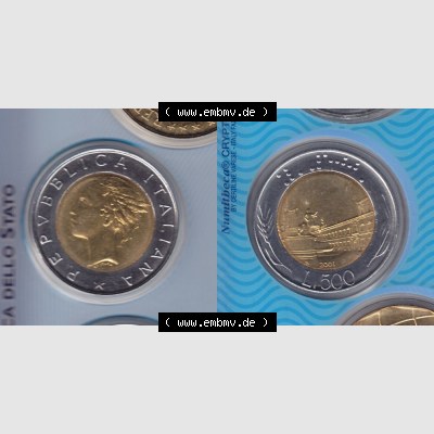 Münzen Italien Umlaufmünze 1982-2001, 500 Lira-Lire Unedeles Metall 2001. Vorderseite und Rückseite horizontal auf einen digitalen Bild der alten italienischen Münze aus... Sammlung