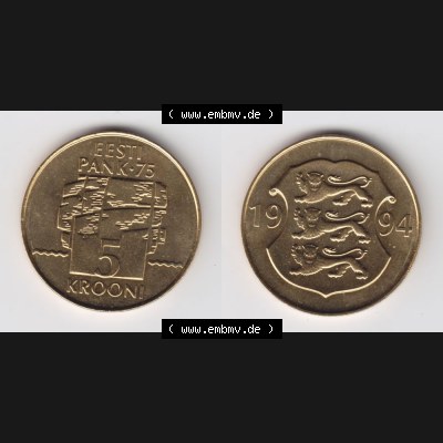 Münzen Estland Umlaufmünze 1994, 5 Krooni. Vorderseite und Rückseite horizontal auf einen digitalen Bild der alten estländische Umlaufmünze aus Estland zum katalogisieren... Sammlung