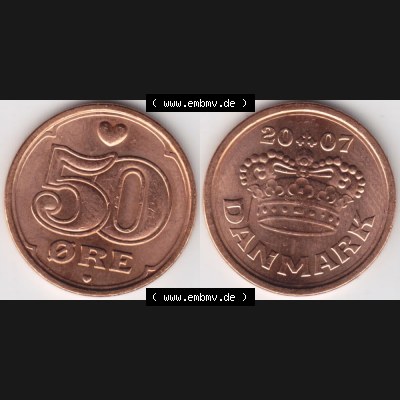 Münzen Dänemark Umlaufmünze 2007, 50 Öre. Vorderseite und Rückseite horizontal auf einen digitalen Bild der alten dänischen Umlaufmünze aus Dänemark... Sammlung