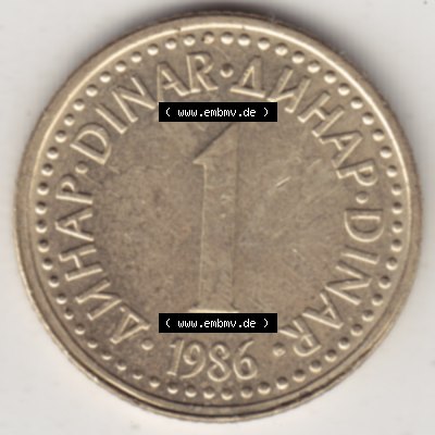 Münzen Jugoslawien Umlaufmünze 1982-1986, 1 Dinar 1986, Bild mit Rückseite der Münze als Bildmaterial Sammlung