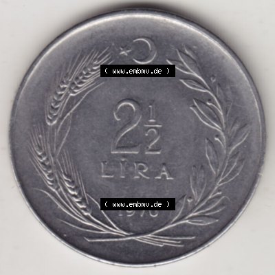 Münzen Türkei Umlaufmünze 1969-1980, 2-1-2 Lira 1970. Rückseite der Münze der Türkei als Bildmaterial für Sammler und Münzen-Webseiten hier im online... Sammlung