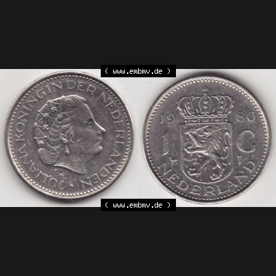 Münzen Niederlande Umlaufmünze 1967-1980, 1 Gulden 1980, Bild mit horizontaler Vollansicht als Bildmaterial Sammlung