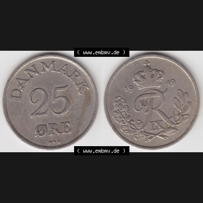Münzen Dänemark Umlaufmünze 1948-1955, 25 Öre 1949 Kursmünze. Vorderseite und Rückseite horizontal auf einen digitalen Bild der alten dänischen Umlaufmünze... Sammlung