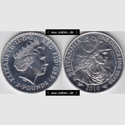 Münzen Großbritannien Silbermünze 2010-2010, 2 Pfund - Pounds Britannia 1 Unze Silber-Münze. Vorderseite und Rückseite horizontal auf einen digitalen Bild der alten... Sammlung