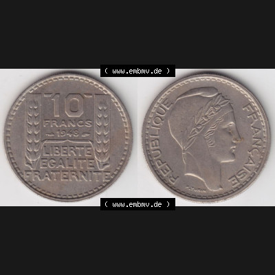 Münze Frankreich 1947-1949, 10 Francs, Franken 1948. Vorderseite und Rückseite horizontal auf einen digitalen Bild der alten französischen Umlaufmünze aus Frankreich... Sammlung