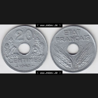 Münze Frankreich 1941-1944, 20 Centimes, Cent 1943. Vorderseite und Rückseite horizontal auf einen digitalen Bild der alten französischen Umlaufmünze aus Frankreich... Sammlung