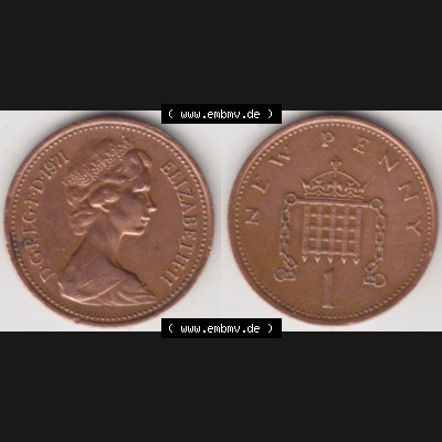 Münzen Großbritannien Umlaufmünze 1971-1981, 1 New Penny 1971. Vorderseite und Rückseite horizontal auf einen digitalen Bild der alten britischen Münze aus Großbritannien... Sammlung