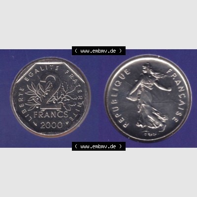 Münze Frankreich 2000, 2 Francs. Vorderseite und Rückseite horizontal auf einen digitalen Bild der alten französischen Umlaufmünze aus Frankreich in der Francs-Währung... Sammlung