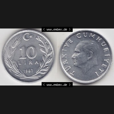 Münzen Türkei Umlaufmünze 1984-1989, 10 Lira - Lire 1987. Vorderseite und Rückseite der Münze der Türkei auf einen Digitalen Bild, als Bildmaterial für... Sammlung