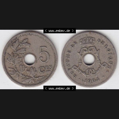 Münzen Belgien Umlaufmünze 1904-1907, 5 Ces, Centimes Koninkrijk Belgie. Vorderseite und Rückseite horizontal auf einen digitalen Bild der alten belgischen Francs Umlaufmünze... Sammlung