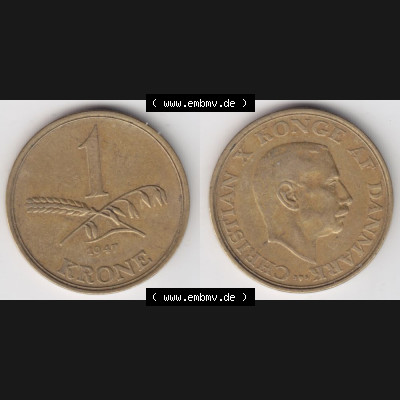 Münzen Dänemark Umlaufmünze 1947, 1 Krone. Vorderseite und Rückseite horizontal auf einen digitalen Bild der alten dänischen Umlaufmünze aus Dänemark zum... Sammlung