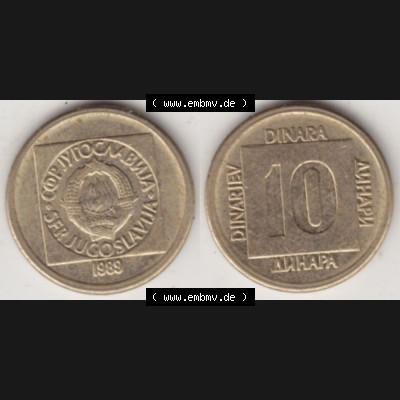 Münzen Jugoslawien Umlaufmünze 1988-1989, 10 Dinar 1989, Bild mit Vollansicht als Bildmaterial Sammlung