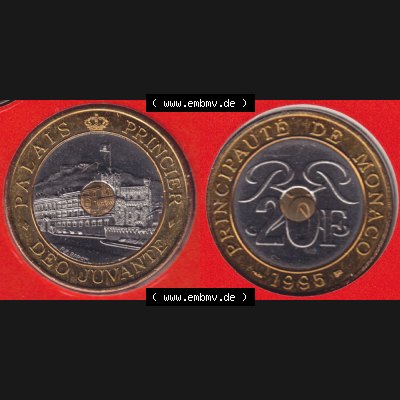Münzen Monaco Umlaufmünze 1992-1997, 20 Francs 1995. Vorderseite und Rückseite horizontal nebeneinander auf einen digitalen Bild zum herunterladen, einer alten Umlaufmünze... Sammlung