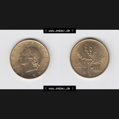 Münzen Italien Umlaufmünze 1956-2001, 20 Lira bzw. Lire 1991. Vorderseite und Rückseite horizontal auf einen digitalen Bild der alten italienischen Münze aus Italien... Sammlung