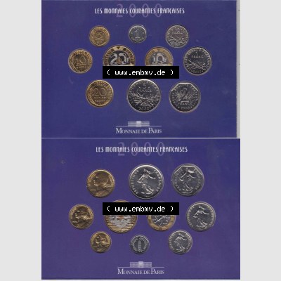 Münze Frankreich 2000, KMS, Münzsatz. Vorderseite und Rückseite horizontal auf einen digitalen Bild der alten französischen Umlaufmünze aus Frankreich in der... Sammlung