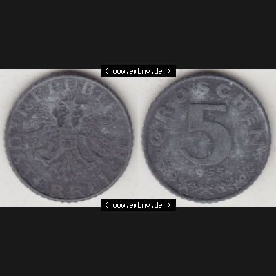 Münzen Österreich Umlaufmünze 1948-1994, 5 Groschen 1955, Münze aus Österreich mit Münzseiten Horizontal / Nebeneinander auf einen Bild für Mobile-Geräte... Sammlung