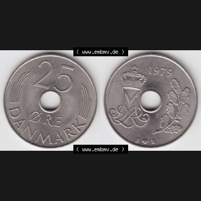 Münzen Dänemark Umlaufmünze 1979, 25 Öre. Vorderseite und Rückseite horizontal auf einen digitalen Bild der alten dänischen Umlaufmünze aus Dänemark... Sammlung