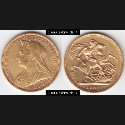 Münzen Großbritannien Goldmünze 1893-1901, 1 Pfund Sovereign 1899. Vorderseite und Rückseite horizontal auf einen digitalen Bild der alten britischen Goldmünze Sovereign... Sammlung