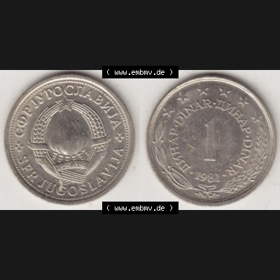 Münzen Jugoslawien Umlaufmünze 1973-1981, 1 Dinar 1981, Bild mit Vollansicht als Bildmaterial Sammlung