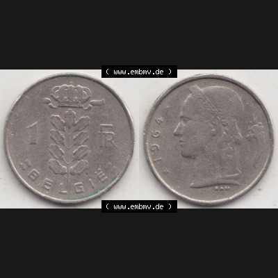 Münzen Belgien Umlaufmünze 1950-1988, 1 Francs-Franken 1964 Belgie. Vorderseite und Rückseite horizontal auf einen digitalen Bild der alten belgischen Francs Umlaufmünze... Sammlung