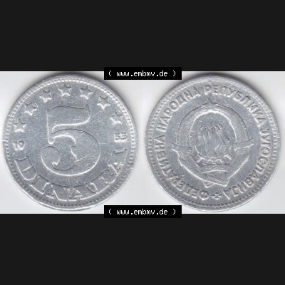 Münzen Jugoslawien Umlaufmünze 1953-1953, 5 Dinara, Bild mit Vollansicht zum Download Sammlung