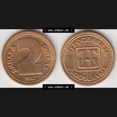 Münzen Jugoslawien Umlaufmünze 1992-1992, 2 Dinara, Anhapa, Dinar, Bild mit Vollansicht als Bildmaterial Sammlung