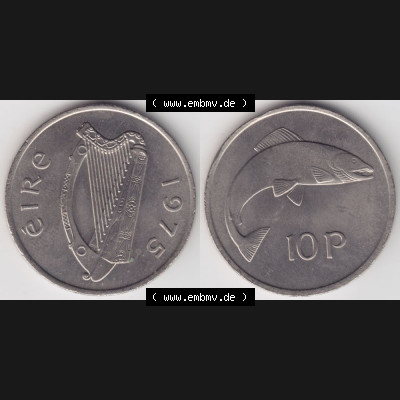 Münzen Irland Umlaufmünze 1975, 5 Pence 1975. Vorderseite und Rückseite horizontal auf einen digitalen Bild der alten irischen Umlaufmünze aus Irland in Irische Pfund-Währung... Sammlung