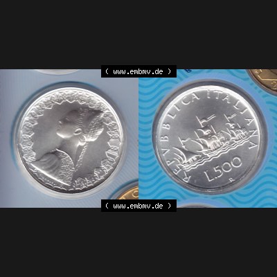 Münzen Italien Umlaufmünze 1958-2001, 500 Lira-Lire Silber 2001. Vorderseite und Rückseite horizontal auf einen digitalen Bild der alten italienischen Münze aus Italien... Sammlung