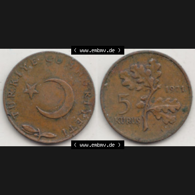 Münzen Türkei Umlaufmünze 1969-1973, 5 Kurus 1971, Bild mit Vollansicht als Bildmaterial Sammlung