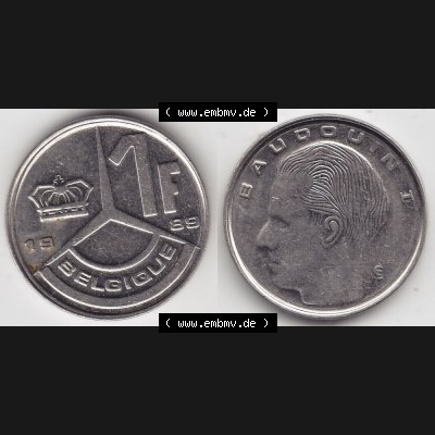 Münzen Belgien Umlaufmünze 1989-1993, 1 Franc 1989 Belgique. Vorderseite und Rückseite horizontal auf einen digitalen Bild der alten belgischen Francs Umlaufmünze aus Belgien... Sammlung